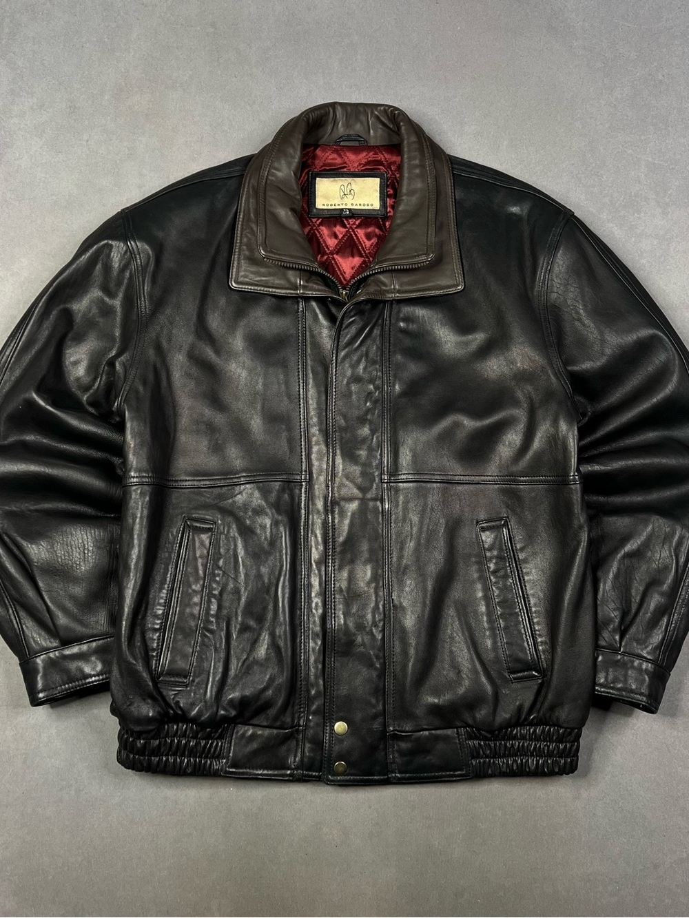 Robert Barakett Black Leather Bomber Jacket with Quilted Red Lining